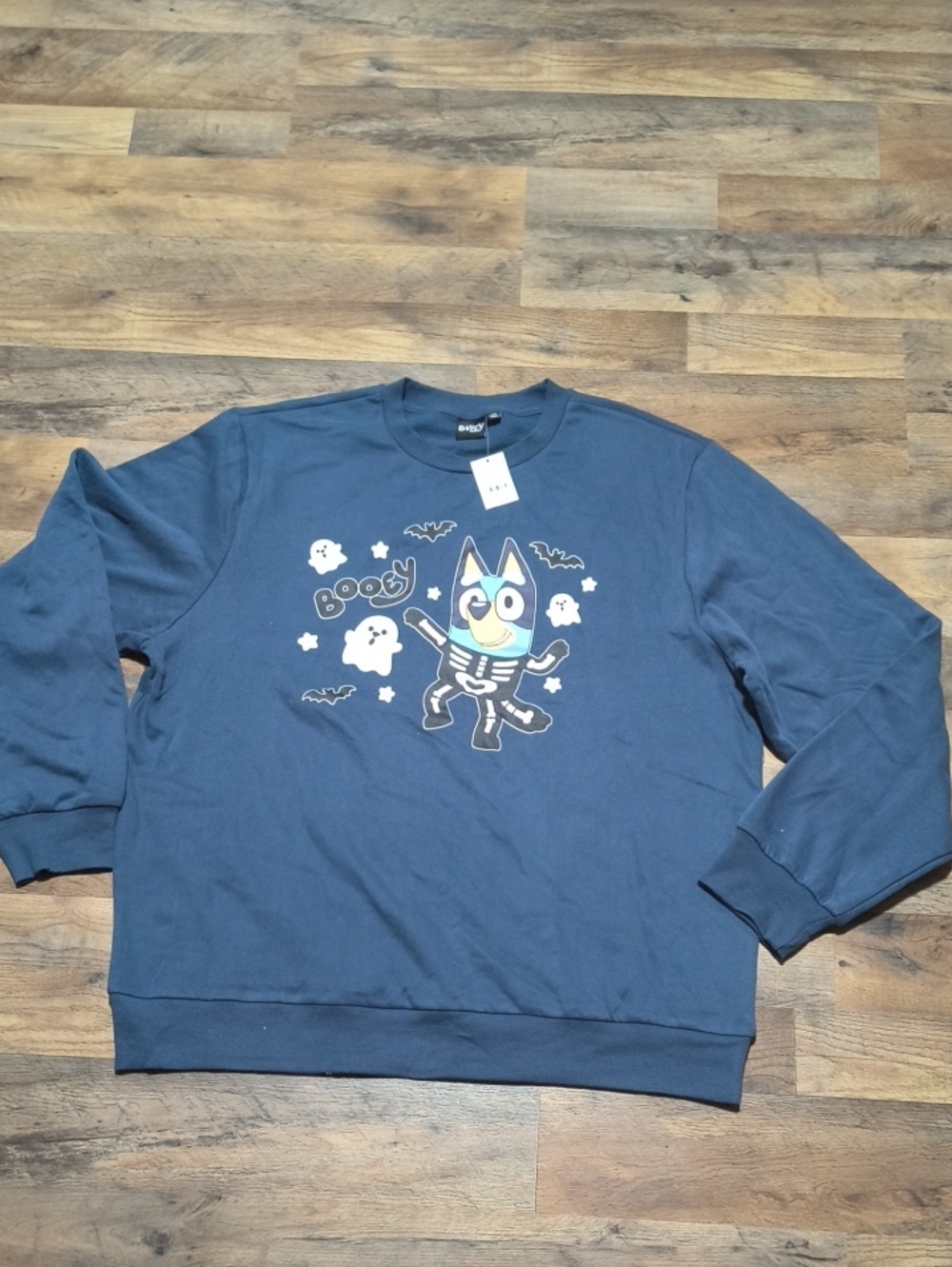 Blue Crewneck Sweatshirt with Cartoon Skeleton Dog Graphic - Picture 1 of 2
